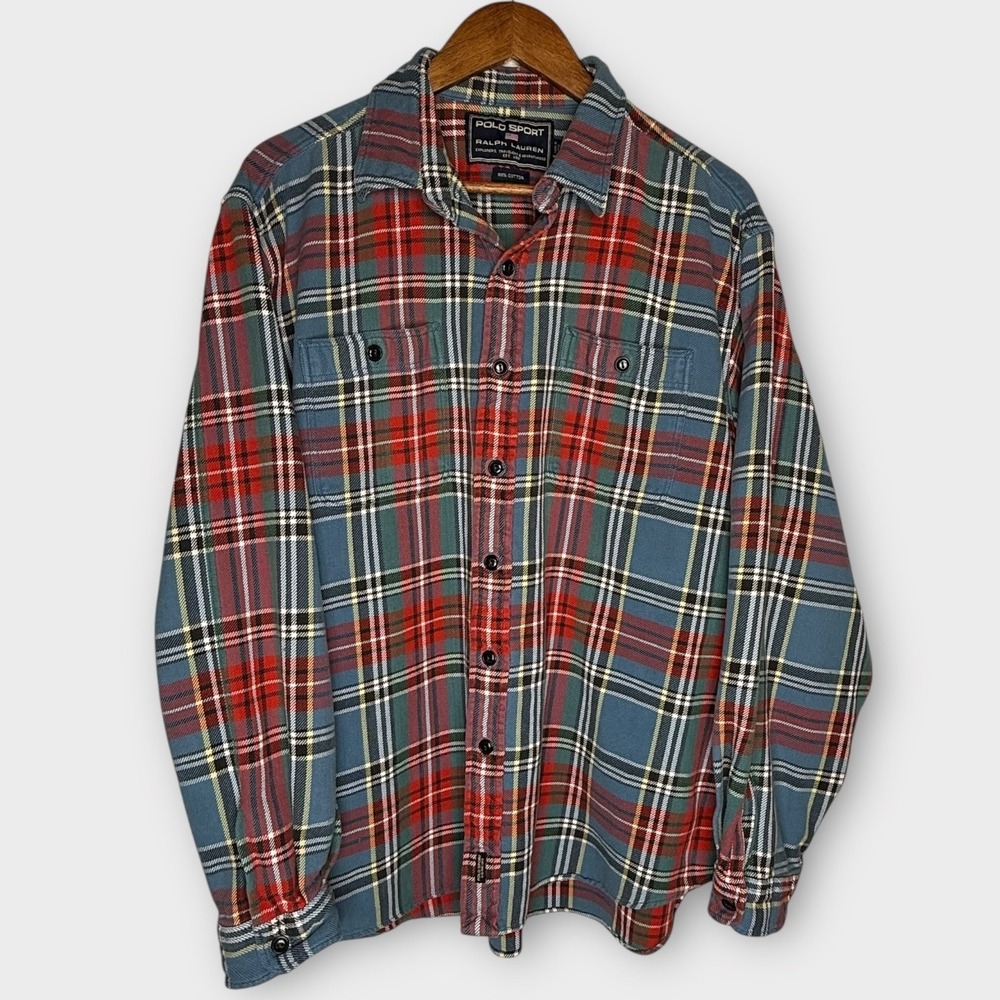 Vintage Ralph Lauren Polo Sport Button Up Shirt Blue Red Tartan‎ Plaid Cotton XL